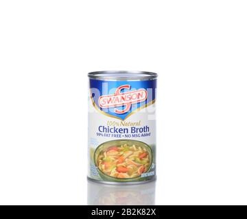 IRVINE, CA - January 05, 2014: A can of Swanson Chicken Broth. Introuduced in the early 1900's the Swanson brand is currently owned by the Campbell So Stock Photo