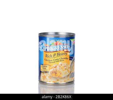 IRVINE, CA - January 05, 2014: A can of Progresso Rich & Hearty Chicken Corn Chowder. Progresso, owned by General Mills has been making soups for over Stock Photo