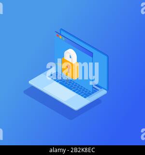 Isometric vector illustration a laptop with a with lock on the screen and a flash drive key. Protect mechanism, system privacy. Stock Vector