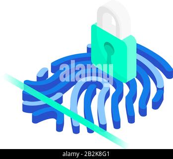 Isometric fingerprint with scanner line and closed padlock isolated on white background. Identification system concept. Stock Vector