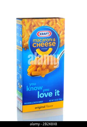 IRVINE, CA - January 11, 2013: A box of Kraft Macaroni and Cheese.  The packaged meal was first introduced in 1937 during the Great Depression. Stock Photo