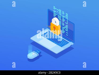 Isometric vector composition of laptop screen, a closed lock and flash card on a blue background. Stock Vector