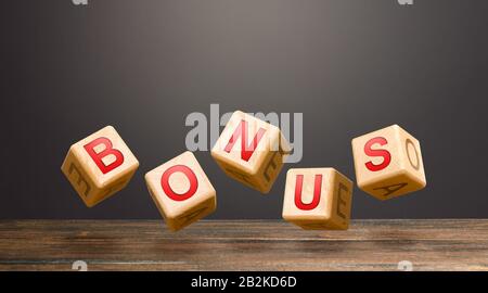 Hover blocks with letters make word BONUS. Receive rewards and preferences. Salary increase, wage premium for holidays. Rising at work. A nice additio Stock Photo