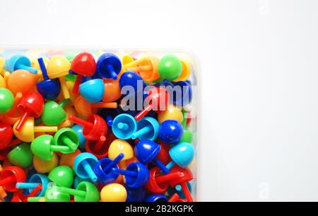 isolated box with colorful pins objects inside aerial Stock Photo