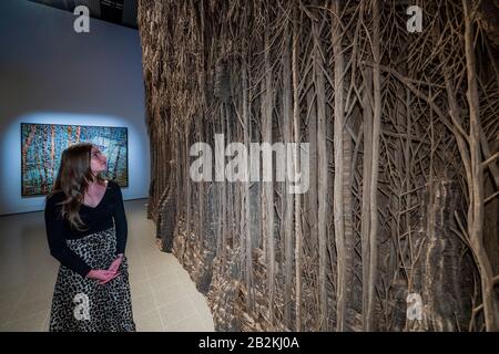 Hayward Gallery, London, UK. 3rd Mar 2020. Eva Jospin, Foret Palatine, 2019-20 - Among the Trees at Hayward Gallery, a new exhibition that reimagines how we think about trees and forests, and how they have shaped human civilisation. Curated by Hayward Gallery Director, Ralph Rugoff, the show includes Colombian rainforests, jungles in Japan, olive orchards in Israel, Scandinavian woods and an underground forest in South Africa. It runs 4 March - 17 May 2020. Credit: Guy Bell/Alamy Live News Stock Photo