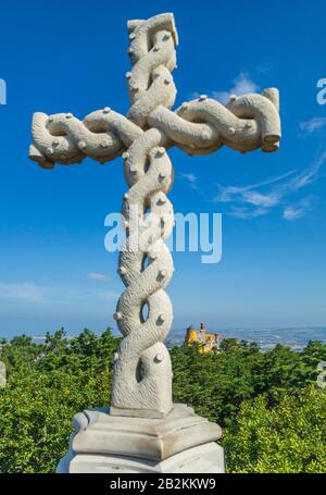 Cross at viewpoint for Pena Palace in Sintra, Portugal Stock Photo