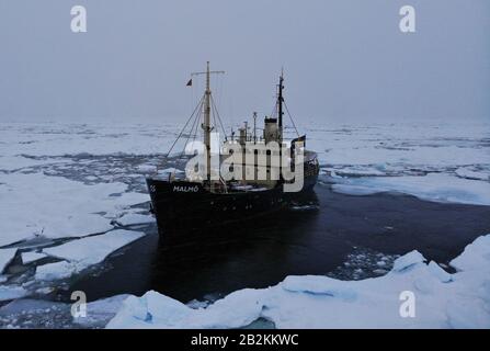 Swedish boat stuck in the ice in Svalbard, Norway
