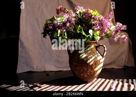 lilacs and a cup on the table Stock Photo