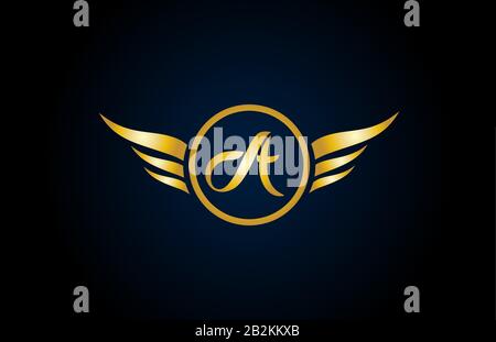 gold golden M wing wings alphabet letter logo icon with classy design ...