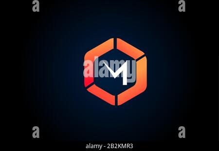 orange white polygon M letter alphabet logo design icon in black and orange for company and business. Suitable for catchy logotype Stock Vector