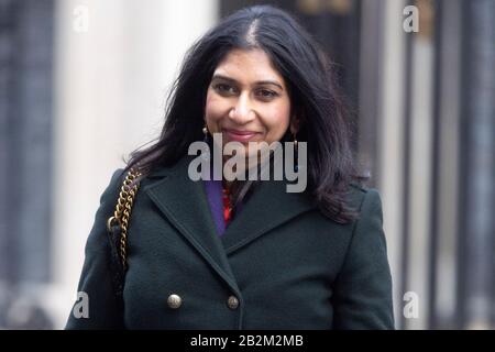 London, Britain. 3rd Mar, 2020. Suella Braverman, Britain's Attorney General, leaves 10 Downing Street after attending a cabinet meeting in London, Britain, March 3, 2020. Credit: Ray Tang/Xinhua/Alamy Live News Stock Photo
