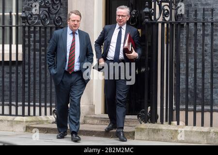 London, Britain. 3rd Mar, 2020. Michael Gove (R), Britain's Minister for the Cabinet Office and Chancellor of the Duchy of Lancaster leaves 10 Downing Street after attending a cabinet meeting in London, Britain, March 3, 2020. Credit: Ray Tang/Xinhua/Alamy Live News Stock Photo