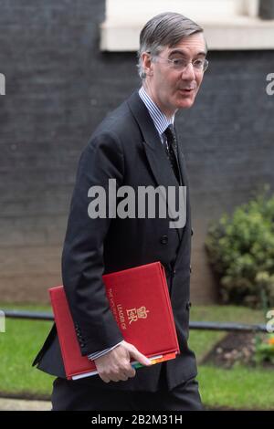 London, Britain. 3rd Mar, 2020. Britain's Leader of the House of Commons Jacob Rees-Mogg leaves 10 Downing Street after attending a cabinet meeting in London, Britain, March 3, 2020. Credit: Ray Tang/Xinhua/Alamy Live News Stock Photo