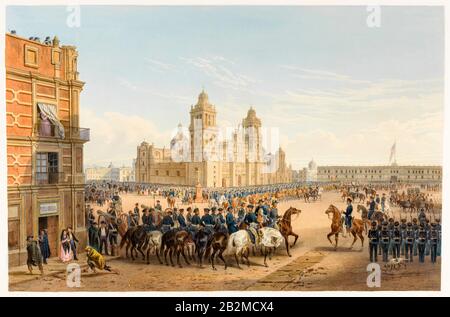 General Winfield Scott and his troops entering the Grand Plaza in Mexico City, Mexican-American War (1846-1848), print by Carl Nebel, Adolphe Bayot, 1851 Stock Photo