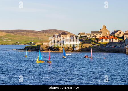 Sailboats in the bay at the city of Lerwick in Shetland Stock Photo