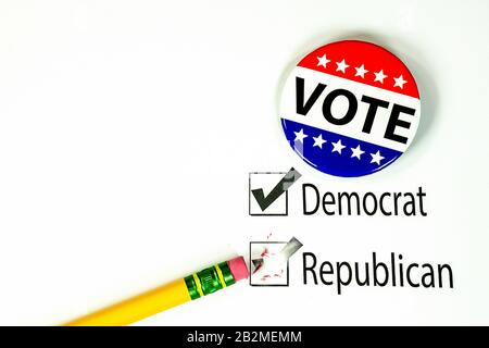 voting ballot with yellow pencil and eraser on white background Stock Photo
