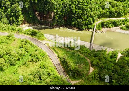 Pastaza River Canyon In Ecuadorian Andean And Pan American Road High Altitud Full Size Helicopter Shot Stock Photo