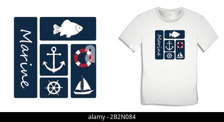 Print on t-shirt graphics design, nautical icons collections anchor, fish carp, sailing boat, rudder, lifebuoy, isolated on white background vector Stock Vector
