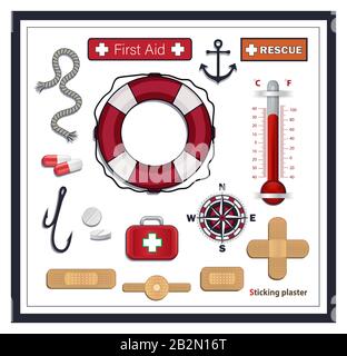 Nautical collection icons, first aid and rescue, lifebuoy, sticking plaster, compass and medicines, Isolated on white background vector Stock Vector