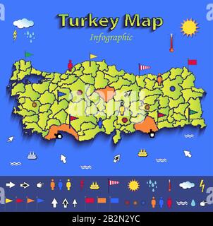 Turkey map infographic political map blue green card paper 3D vector individual states  vector Stock Vector