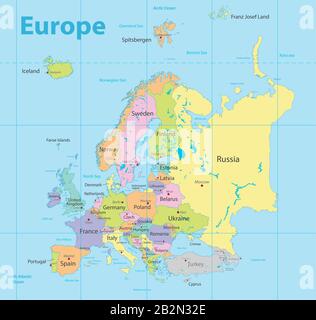Europe map colorful, new political detailed map, separate individual states, with state city and sea names, blue background vector Stock Vector