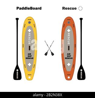 Paddle board, air sup rescue, inflatable surf, surfboard orange and yellow with black paddles, water sport, vector Stock Vector