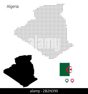 Algeria map vector dotted, with flag and pin, Illustration. Web design, wallpaper, flyers, footage, posters brochure banners Stock Vector