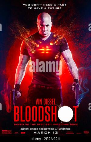 Bloodshot (2020) directed by Dave Wilson and starring Sam Heughan, Eiza González, Vin Diesel and Talulah Riley. First installment of Valiant Comics planned shared cinematic universe; a dead soldier is reanimated and enhanced by nanotechnology to become the ultimate killing machine. Stock Photo