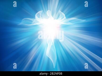 Modern abstract white winged angel in sky with bright light rays. Archangel. Blue Background Stock Photo