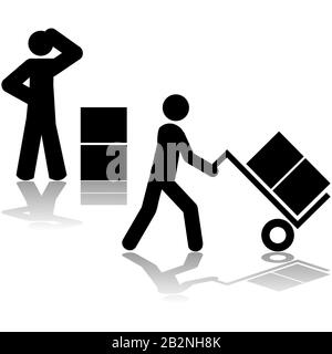 Icon set: first icon showing a man wondering how to carry boxes and second showing him using a hand truck Stock Vector
