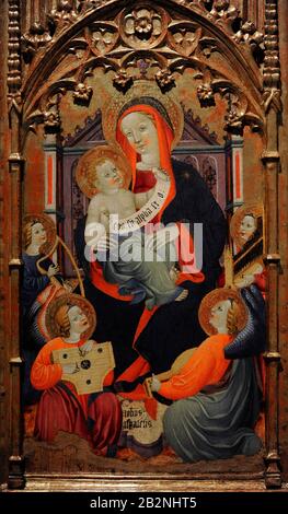 Juan Hispalense (active 1400-1430). Triptych of Virgin and Child with Musician Angels. Castilian School, ca.1400-1410. Center panel. Lazaro Galdiano Museum. Madrid. Spain. Stock Photo