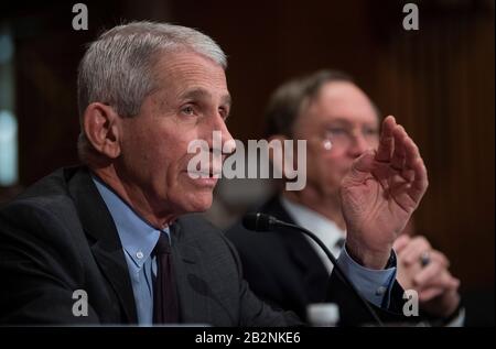 Washington, USA. 03rd Mar, 2020. Mar 3, 2020; Washington, DC, USA; Dr. Anthony Fauci, director, National Institute Of Allergy And Infectious Diseases, National Institutes of Health at the U.S. Senate Committee on Health, Education, Labor and Pensions hearing on how the U.S. Is Responding to COVID-19, the Novel Coronavirus on March 3, 2020 in Washington, DC. Mandatory Credit: Jack Gruber-USA TODAY /Sipa USA Credit: Sipa USA/Alamy Live News Stock Photo