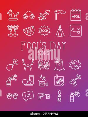 bundle of fools day set icons in red background Stock Vector