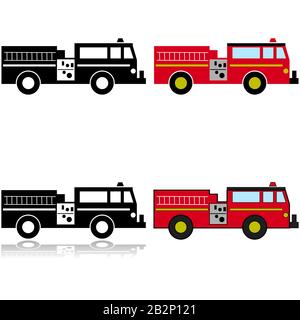 Icon set showing an illustration of a firetruck represented in different styles Stock Vector