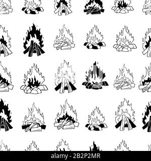 Monochrome vector seamless pattern with black elements isolated on white. Endless texture. Black and white burning bonfire. Contour and silhouettes Stock Vector