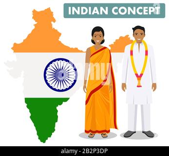 Family and social concept. Set of couple standing together indian man and woman in different traditional national clothes on background with map of Stock Vector