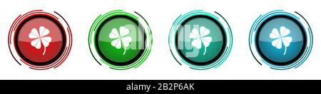 Four-leaf clover round glossy vector icons, set of buttons for webdesign, internet and mobile phone applications in four colors options isolated on wh Stock Vector