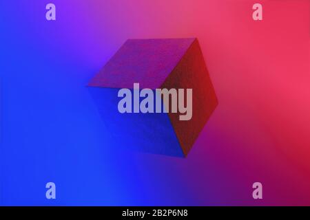 Geometric cube figure in vibrant neon colors. Vivid blue and red gradients, geometric shape, abstract concept Stock Photo
