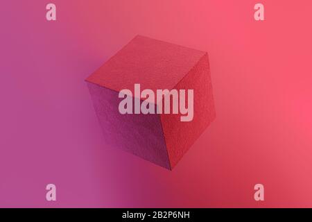 Geometric cube figure in vibrant neon colors. Vivid pink and red gradients, geometric shape, abstract concept Stock Photo