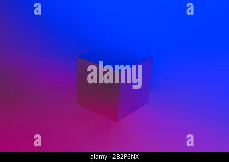 Geometric cube figure in vibrant neon colors. Faded blue and pink gradients, geometric shape, abstract concept Stock Photo