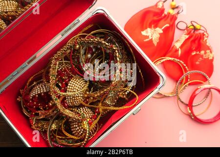 top view of jewelry or gold in a box  Stock Photo