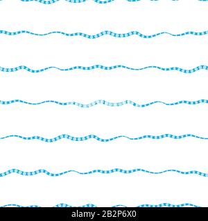 Wavy lines seamless vector pattern background. Uneven blue doodle style horizontal stripe with dotted texture. Linear geometric backdrop. Spacious all Stock Vector