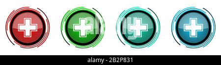 Pharmacy round glossy vector icons, set of buttons for webdesign, internet and mobile phone applications in four colors options isolated on white back Stock Vector