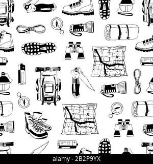 Monochrome vector seamless pattern with black elements isolated on white. Trendy endless texture. Design for tourism, camping. Backpack, boots, map Stock Vector