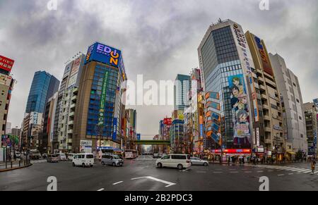 A panorama picture of the colorful facades of the Akihabara district (Tokyo). Stock Photo