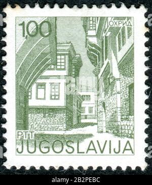 YUGOSLAVIA - CIRCA 1976: A stamp printed in Yugoslavia, depicted National Museum in Ohrid, North Macedonia, circa 1976 Stock Photo