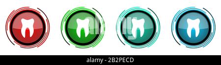 Tooth round glossy vector icons, set of buttons for webdesign, internet and mobile phone applications in four colors options isolated on white backgro Stock Vector