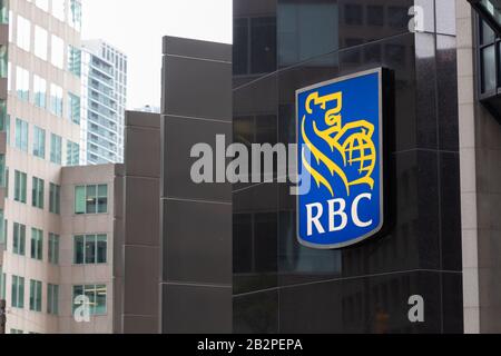 Royal Bank of Canada (RBC) sign at the base of their downtown Toronto headquarters. Stock Photo