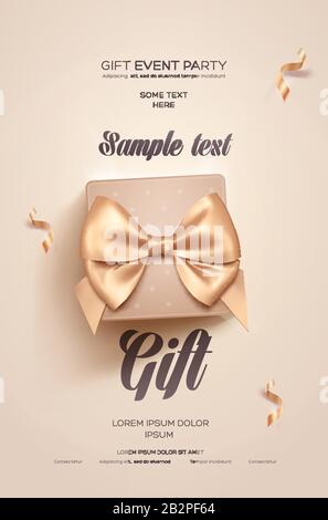 Beautiful Valentines Day greeting flyer or poster. Top view on beige gift box and golden bow. Stock Vector