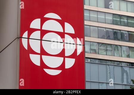CBC (Canadian Broadcasting Corporation) logo outside of their Toronto headquarters. Stock Photo
